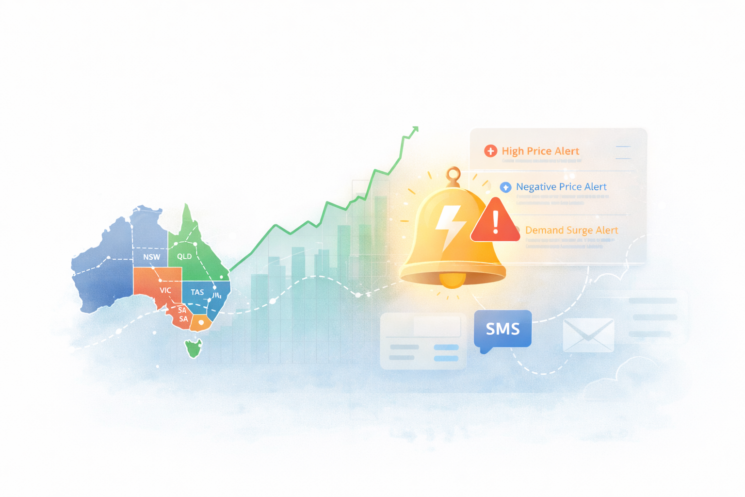 Live Australian electricity market dashboard showing NEM prices and alerts